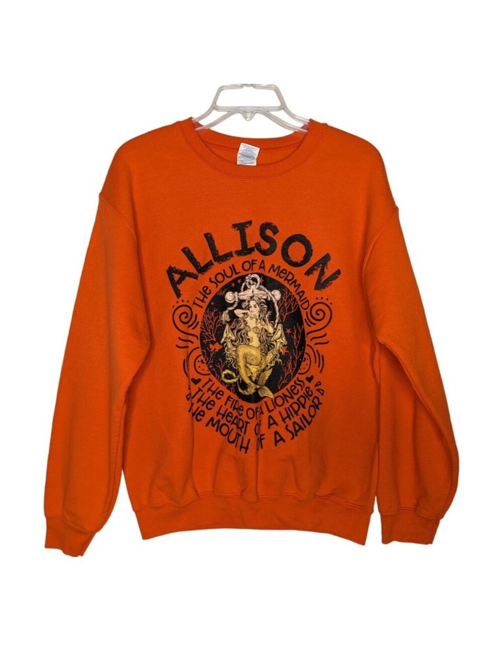 GILDAN Heavy Blend long sleeve Orange Black ALLISON Mermaid Sweatshirt Size M - Picture 2 of 8